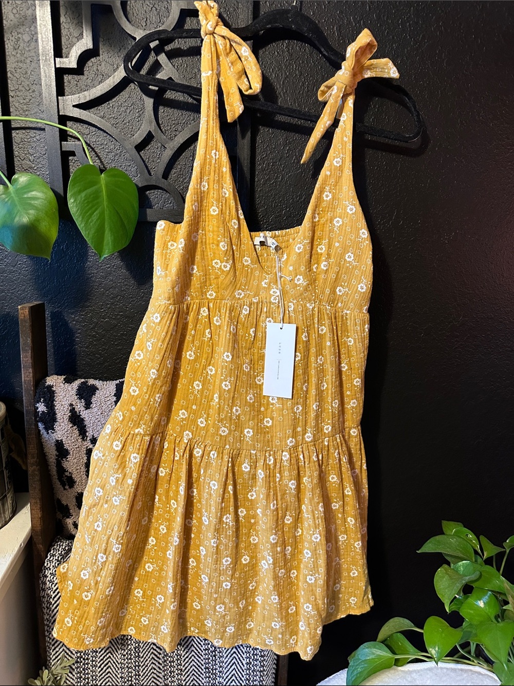 Lush Mustard Yellow Floral Tie-Shoulder Dress